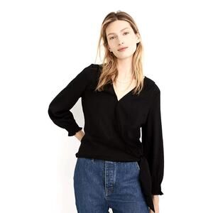 NWT Madewell Smocked-Sleeve Wrap Top Black  size: XS